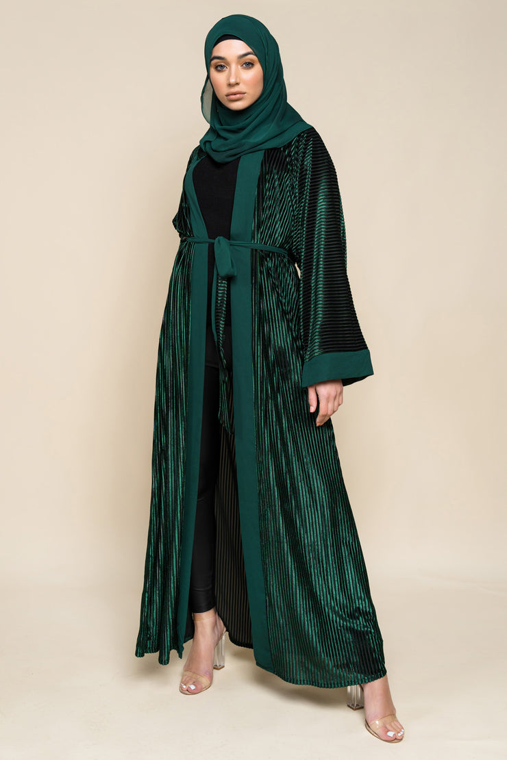 Emerald Green Velvet Ribbed Open Abaya ...